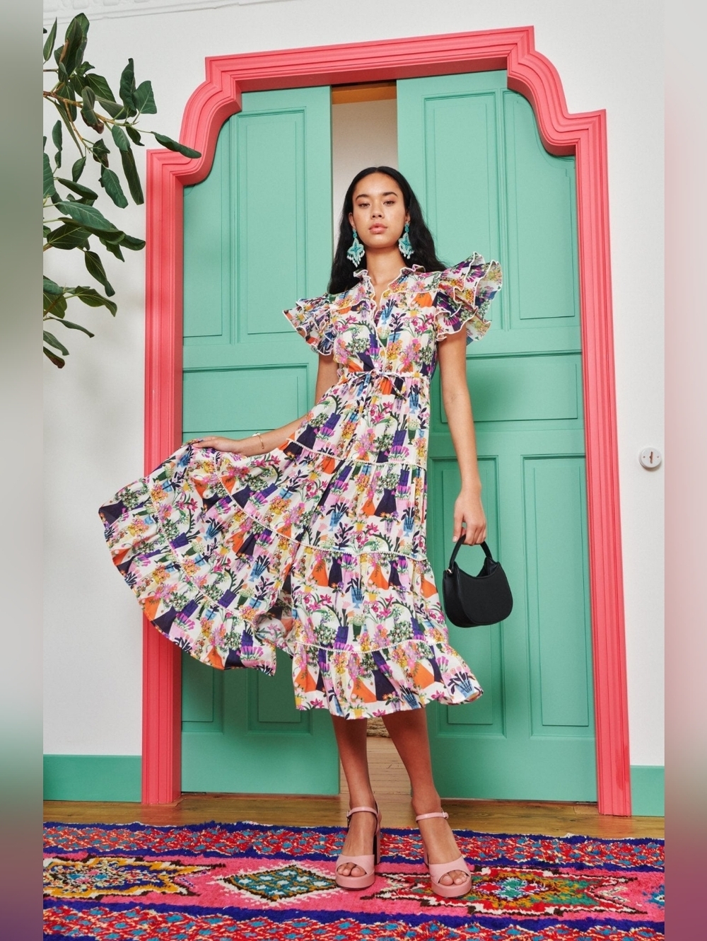 CeliaB Multicolor Aruna Ruffle-Tiered Midi Dress Size Xs